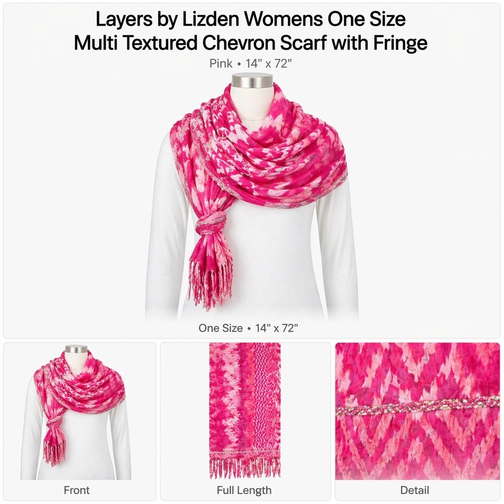 Layers by Lizden Womens Pink‎ Multi Textured Chevron Scarf with Fringe A230087
